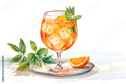 Watercolor cocktail with orange in the glass on the table with leaves mint. It can be used for menu, card, postcard, banner, poster.