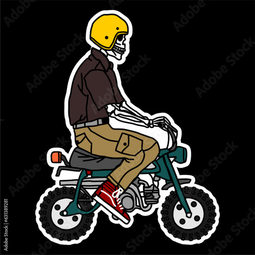vector illustration of skeleton skull riding slowly mini motorbike 