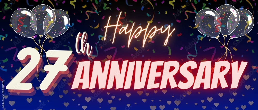 27th anniversary neon calligraphy text and number. Confetti and ...