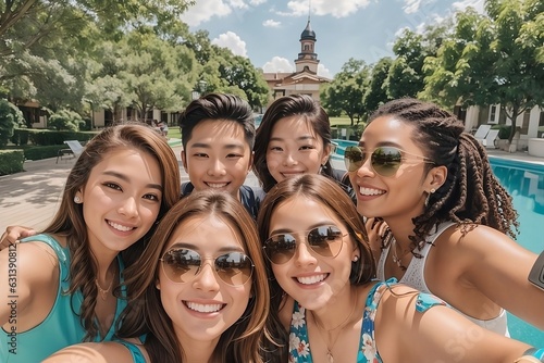 portrait of a group of friends having a selfie while smiling in daytime