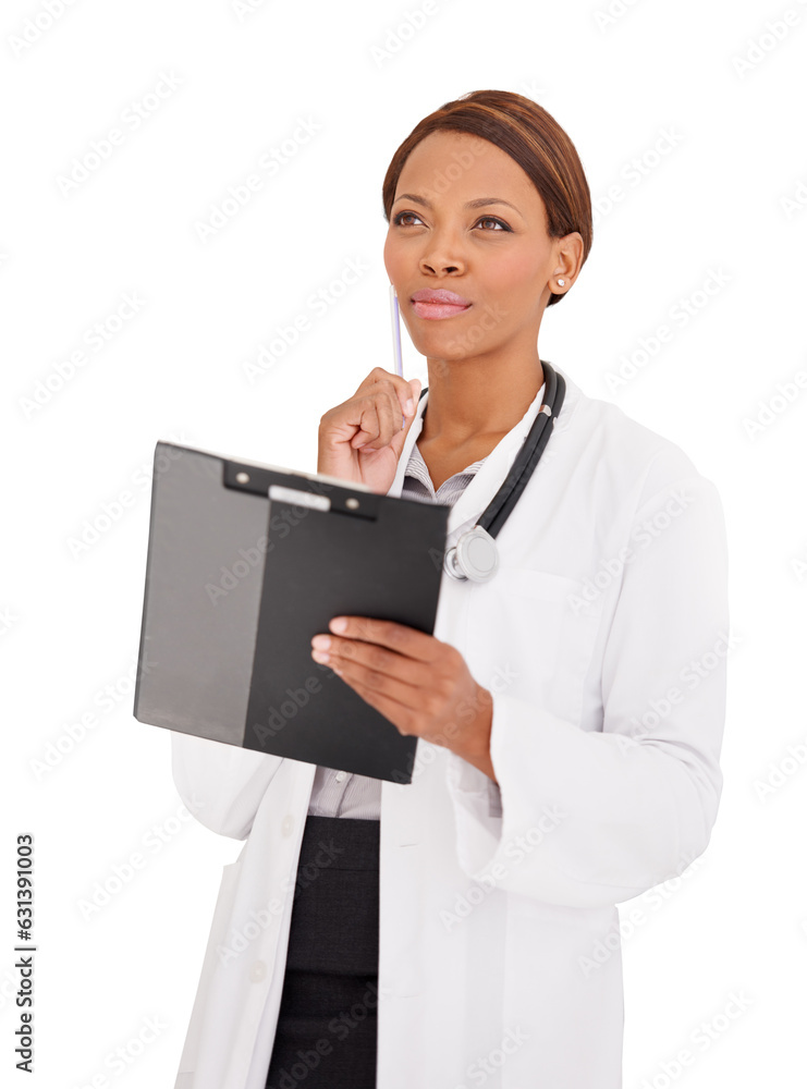 Thinking, doctor or black woman with checklist for hospital schedule, planning or healthcare ideas. Solution, nurse or medical report documents on clipboard isolated on transparent png background Thinking, doctor or black woman with checklist for hospital schedule, planning or healthcare ideas. Solution, nurse or medical report documents on clipboard isolated on transparent png background