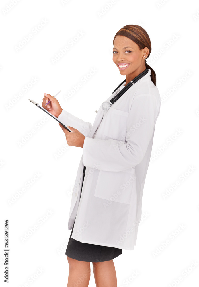 Doctor, portrait and black woman with chart, smile and isolated on a transparent png background. Happy, clipboard and African medical professional, worker or employee checklist in healthcare hospital Doctor, portrait and black woman with chart, smile and isolated on a transparent png background. Happy, clipboard and African medical professional, worker or employee checklist in healthcare hospital