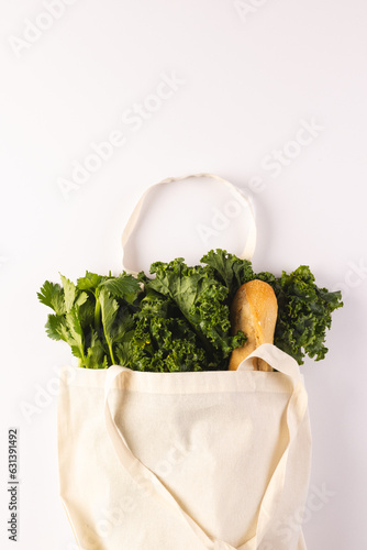 White canvas bag with baguette and green salad vegetables and copy space on white background