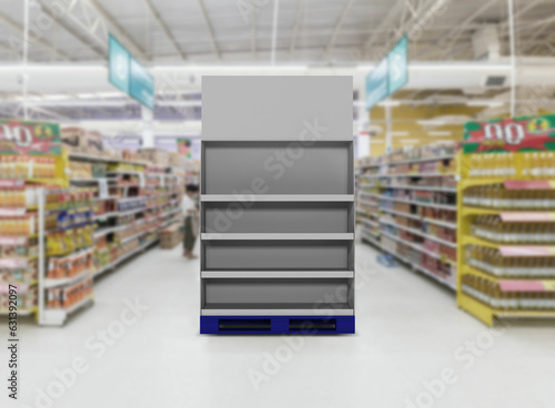 Foto Supermarket Product Display Gondola Stand. 3D Rendering.