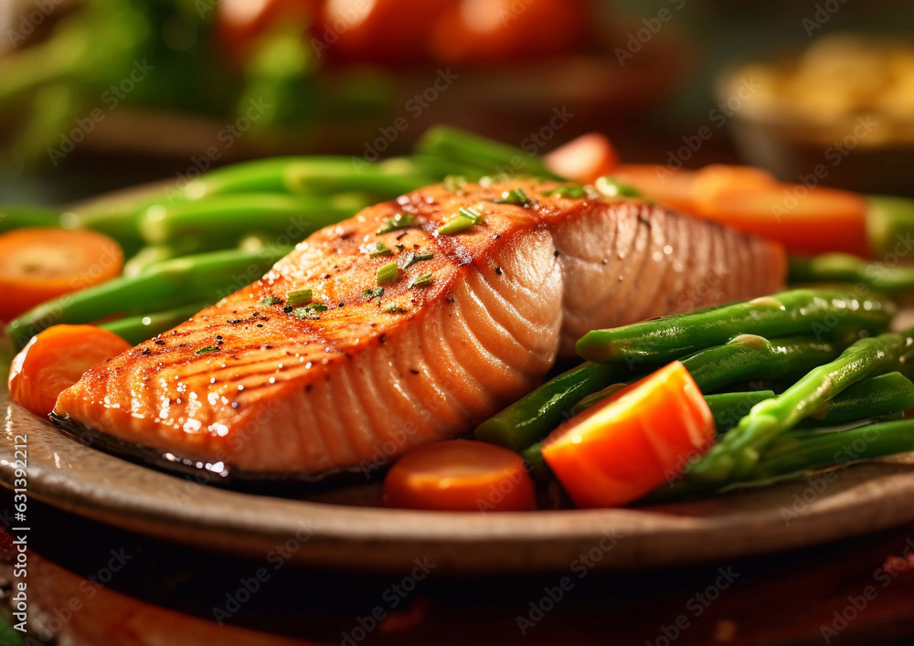 Fresh salmon steak with grilled vegetables on table.Macro.AI Generative. Fresh salmon steak with grilled vegetables on table.Macro.AI Generative.