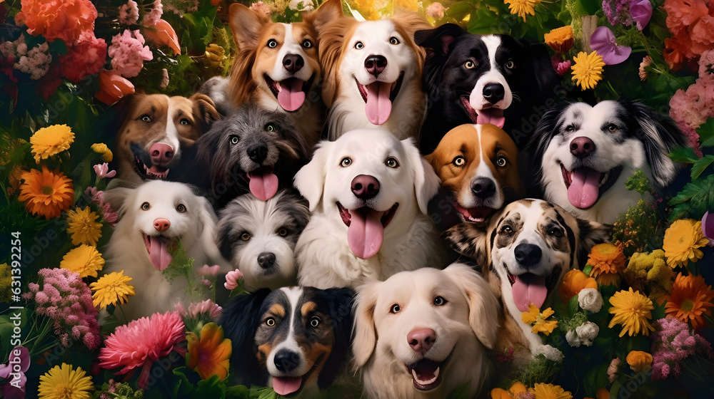 group of dogs smiling to camera with cute face in flower background garden group of dogs smiling to camera with cute face in flower background garden