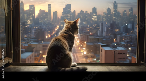 Lonely Cat on the window with city view background 