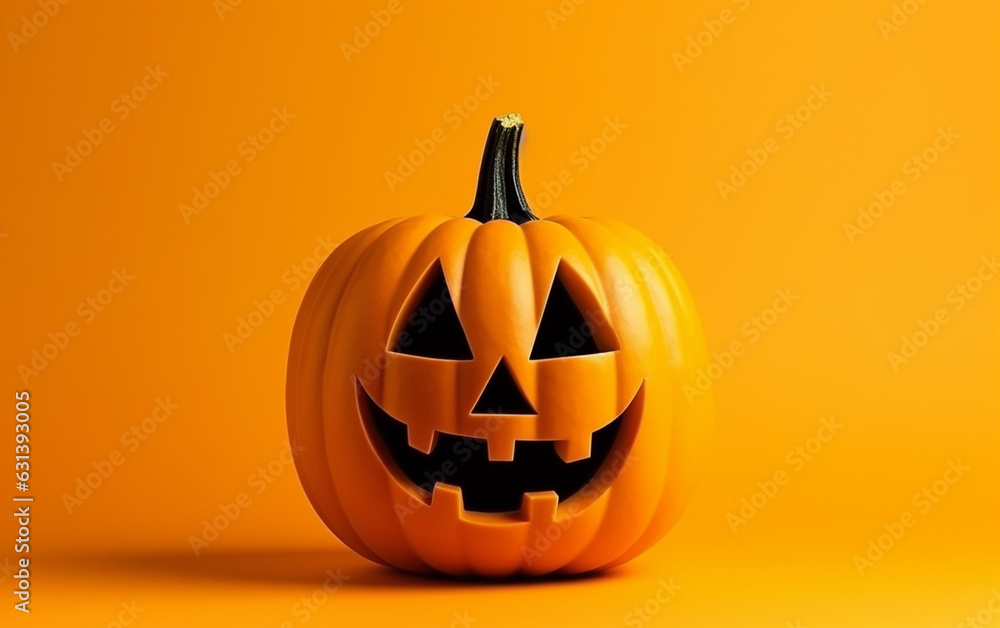 A pumpkin lantern against a vibrant yellow background, radiating the quintessential Halloween spirit. A pumpkin lantern against a vibrant yellow background, radiating the quintessential Halloween spirit.