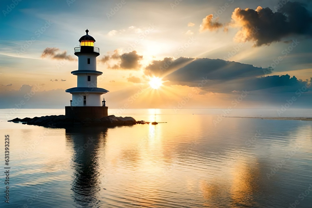 lighthouse at sunset, beautiful scattered sunrays ,a healing view 