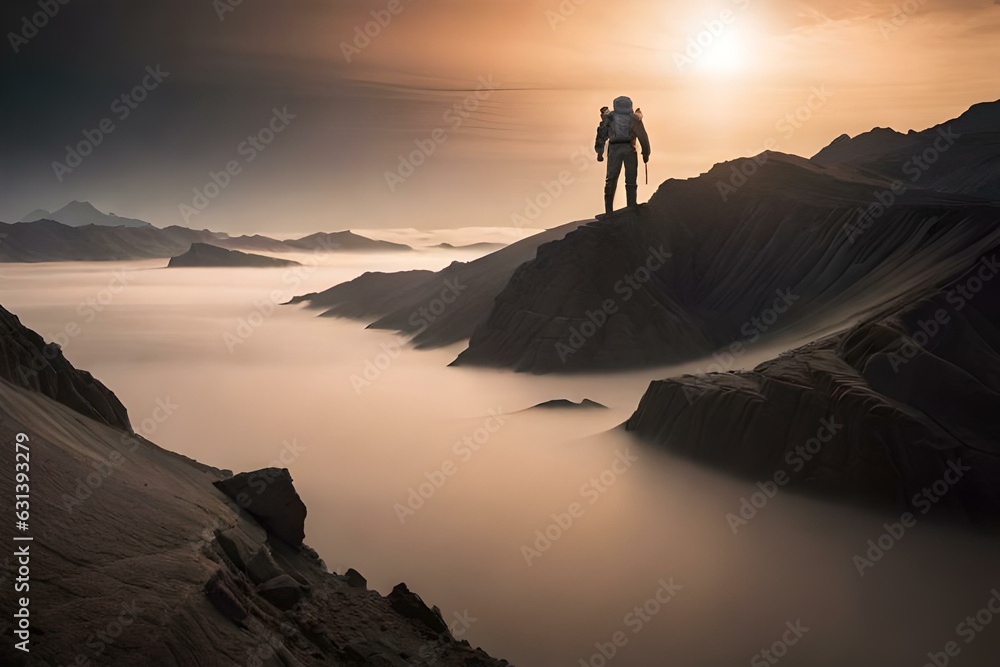 silhouette of a person on the top of mountain, silhouette of the astronaut on the strange planet