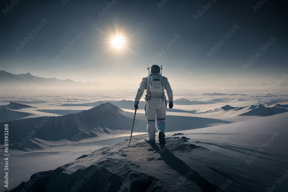 hiker on top of mountain, astronaut on the top of icebergs hiker on top of mountain, astronaut on the top of icebergs