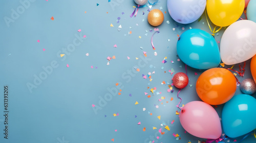 Colorful balloons and confetti on blue table top view  Festive or party background  Flat lay style  Copy space for text  Birthday greeting card