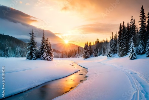 sunrise and snowfall at the same time, sunrise in the valley during winter