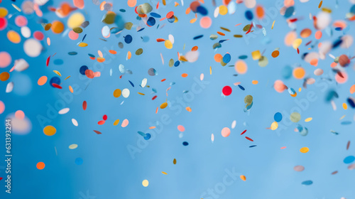 Colorful confetti falling on a holiday on a blue background