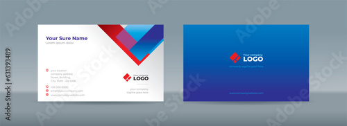 Set of double-sided business card template with random red and blue rectangle bars on a white background