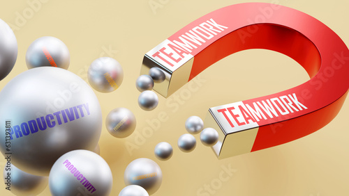 Teamwork which brings Productivity. A magnet metaphor in which Teamwork attracts multiple parts of Productivity. Cause and effect relation between Teamwork and Productivity.,3d illustration