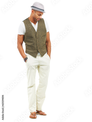 Fashion hat, happy and man with confidence isolated on a transparent png background. Style, fedora and person looking down with hands in pocket with classy clothes, aesthetic and trendy in waistcoat