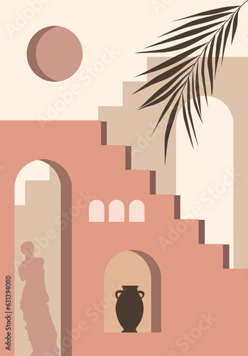 Abstract modern aesthetic background with desert landscape, staircase, palm tree, vases, sun.