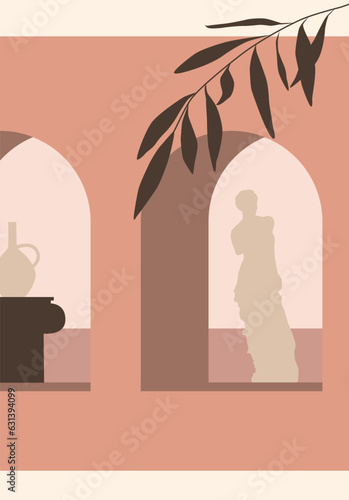 Abstract modern aesthetic background with desert landscape, staircase, palm tree, vases, sun.