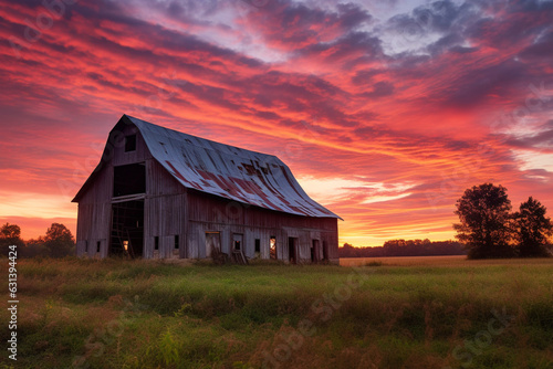 Colorful sunset over historic barn