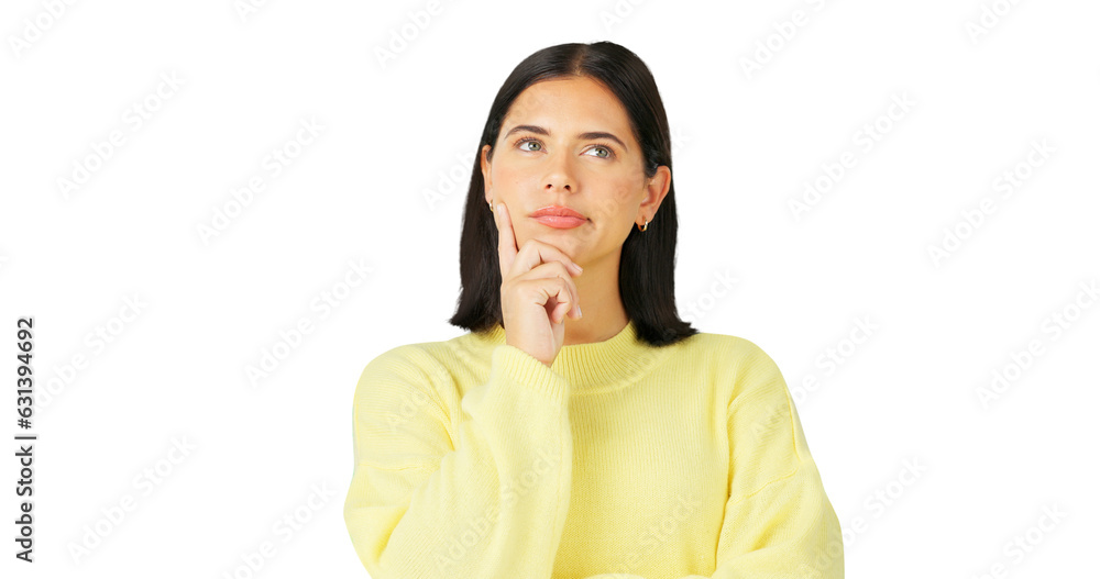 Thinking, decision and face of a young woman with vision or doubt isolated on a transparent, png background. Question, solution and a person with hand on chin for choice, idea or problem solving Thinking, decision and face of a young woman with vision or doubt isolated on a transparent, png background. Question, solution and a person with hand on chin for choice, idea or problem solving