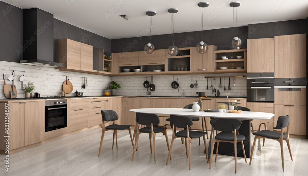 modern kitchen interior dining with chairs.