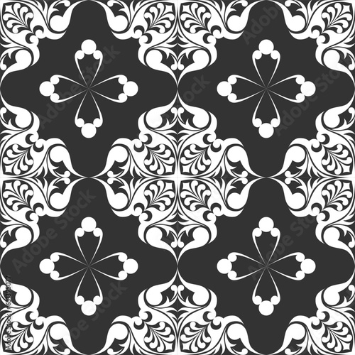 seamless botanical pattern of painted oriental motifs on a white background