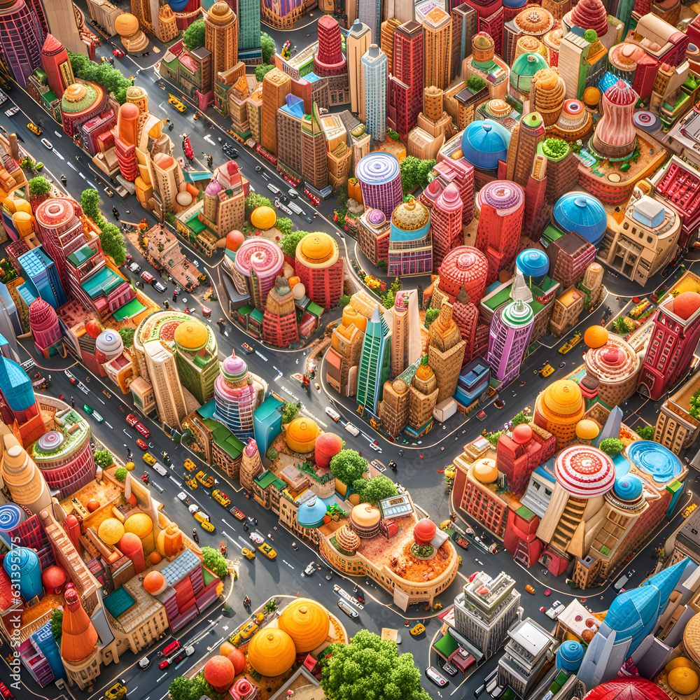 Souvenir shop in the city.
A city built entirely out of food, colorful, detailed, stylized, fun, absurd, vivid, delicious, overhead view, centralized, wide angled, vibrant, fantastical