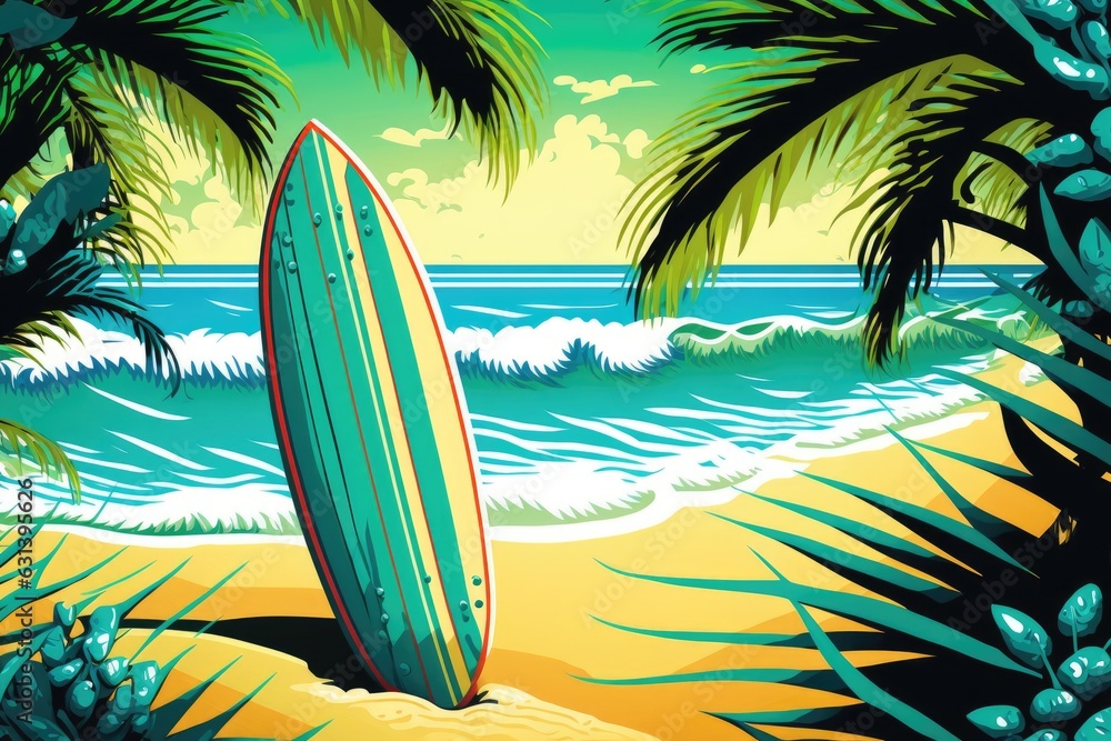 Surfboard on tropical beach, colorful, summer, illustration design, AI generated
