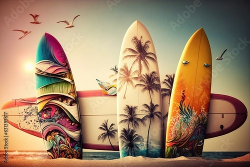 Surfboard on tropical beach, colorful, summer, AI generated