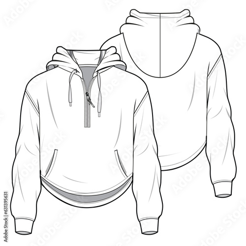 Athletic hoodie front and back view flat drawing vector illustration template