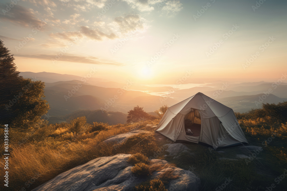 Tent camping on top of a mountain at sunset, AI generated