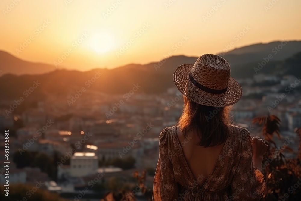Back view of a female traveler observing the landscape of a beautiful town, AI generated