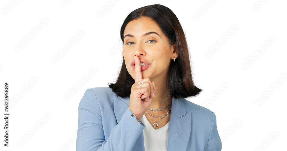 Portrait, secret and happy woman with privacy and finger on lips for gossip. Smile, girl and silence for business announcement, whisper emoji and mystery deal isolated on a transparent png background Portrait, secret and happy woman with privacy and finger on lips for gossip. Smile, girl and silence for business announcement, whisper emoji and mystery deal isolated on a transparent png background