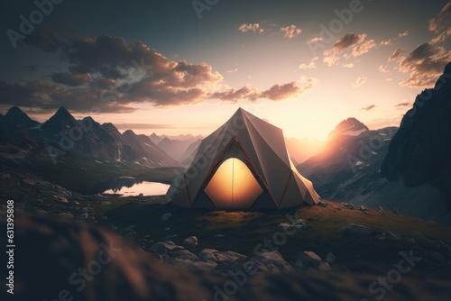 Tent camping on top of a mountain at sunset, AI generated