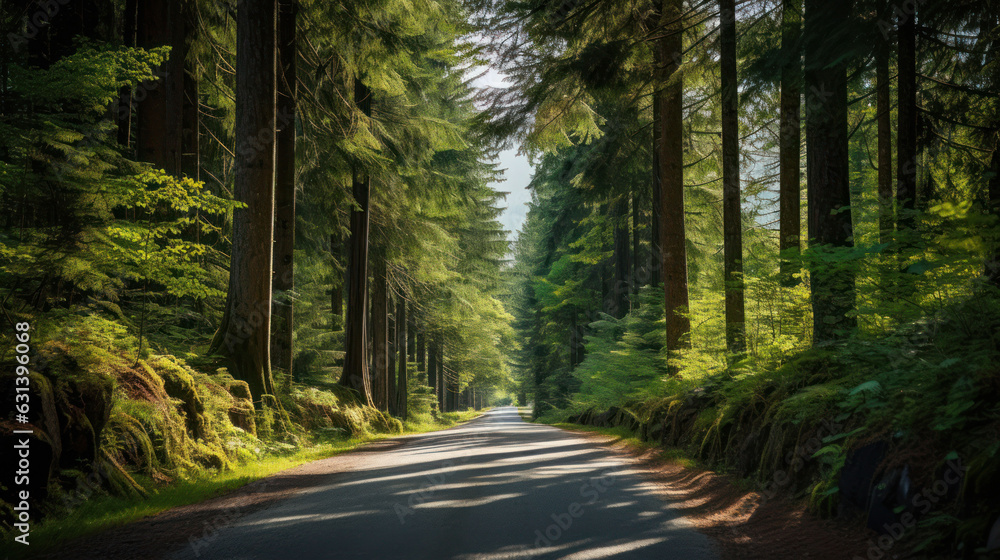 Obraz premium The paved road in the forest presents a beautiful natural