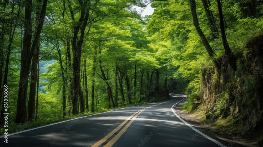 The paved road in the forest presents a beautiful natural The paved road in the forest presents a beautiful natural