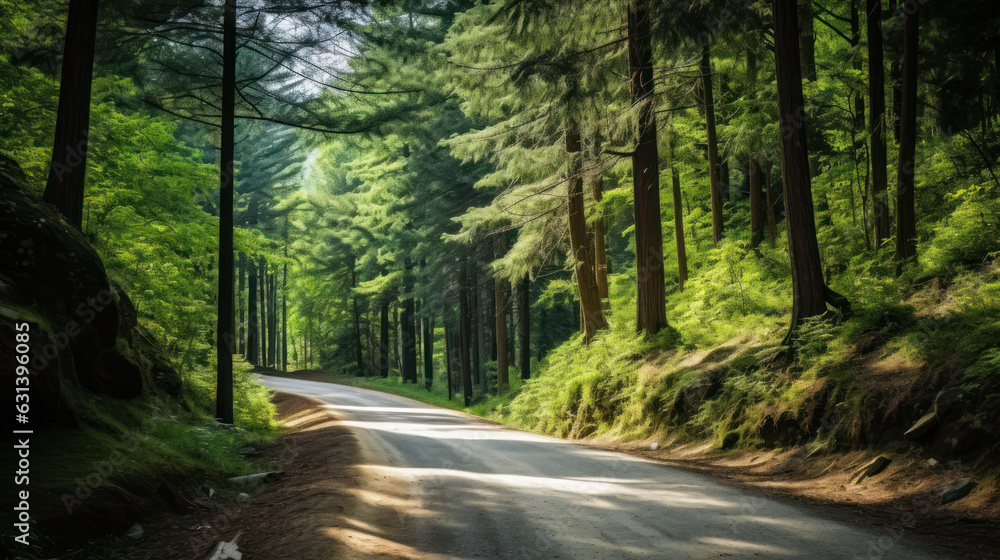 Obraz premium The paved road in the forest presents a beautiful natural