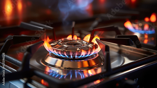 gas stove in modern kitchen with the flame