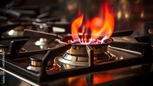 gas stove in modern kitchen with the flame