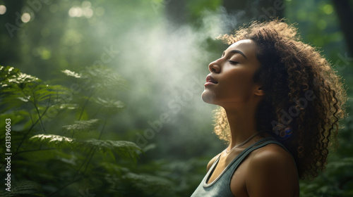 relaxed woman breathing fresh air in a green forest photo