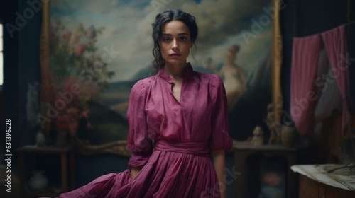 A woman in a pink dress standing in front of a painting, in the style of soft focus romanticism. Victorian-era clothing.