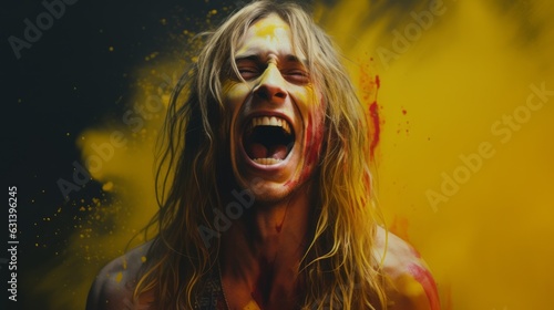 Portrait of a long hair man screaming with splotches of yellow and red on his face, in the style of color splash. Pigment explosion.