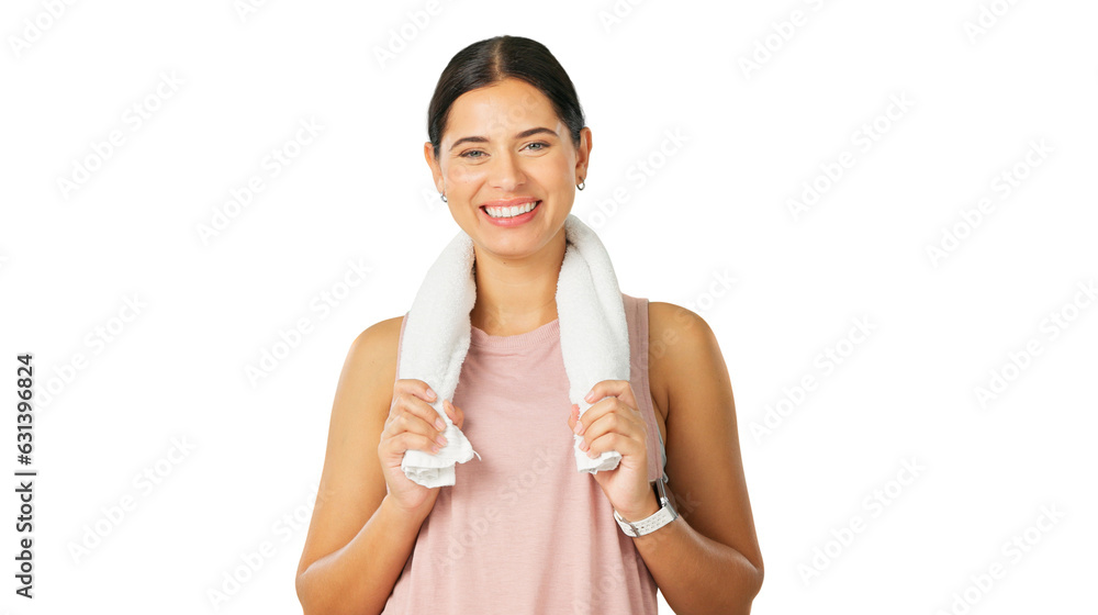 Happy woman, portrait and towel for fitness, exercise or healthy training isolated on a transparent PNG background. Female person, sports athlete or model with sweat cloth for intense cardio workout Happy woman, portrait and towel for fitness, exercise or healthy training isolated on a transparent PNG background. Female person, sports athlete or model with sweat cloth for intense cardio workout