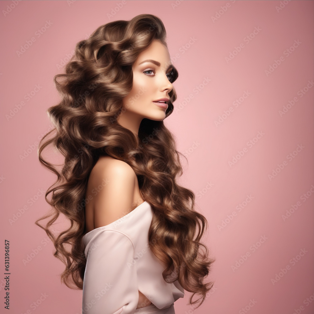 Beautiful woman in profile with long and shiny wavy hair . Beauty model girl with curly hairstyle . Beautiful woman in profile with long and shiny wavy hair . Beauty model girl with curly hairstyle .