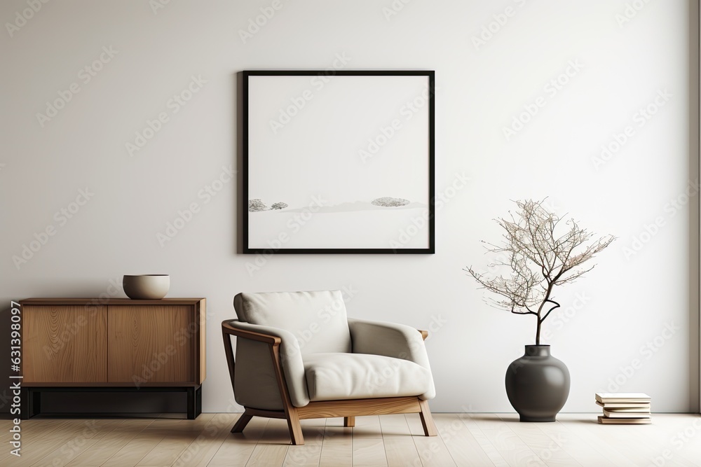 Obraz premium A minimalist home decor template showcasing an elegantly styled living room with a mock up poster frame, a wooden commode, a book, a leaf in a ceramic vase, and sophisticated personal accessories. The