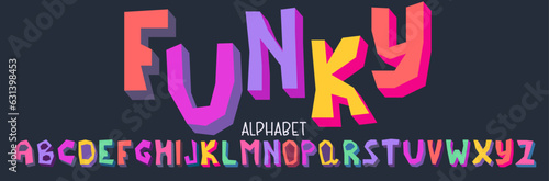 Font funky alphabet for kids. Playful font childich design. Cute letter funky type. Cartoon vector illustration. Happy comic bold style