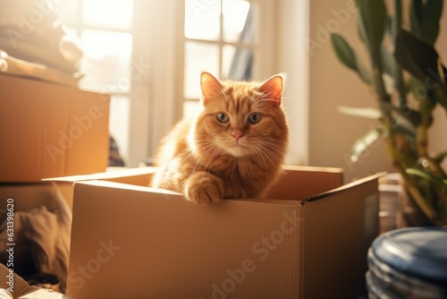 A ginger colored cat is seen inside boxes in a particular room of a house, preparing to relocate to a new residence.