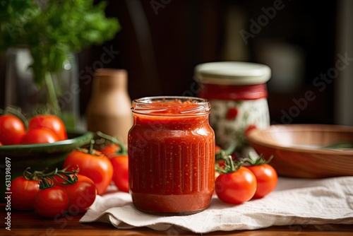 A homemade tomato sauce that has been preserved in a glass jar is sitting on the kitchen table at home.