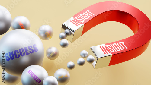 Insight which brings Success. A magnet metaphor in which Insight attracts multiple parts of Success. Cause and effect relation between Insight and Success.,3d illustration